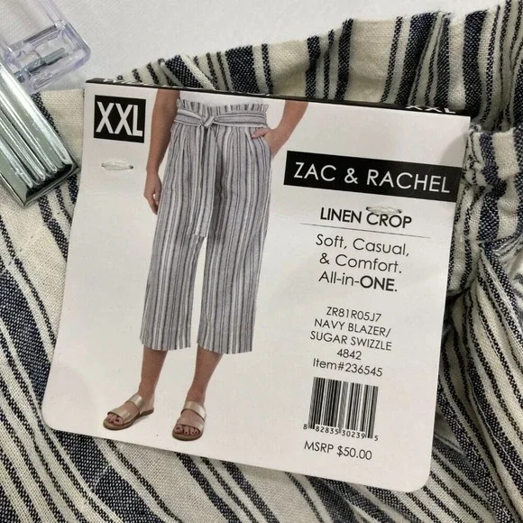 New Zac & Rachel size XXL‎ Wide Leg Striped Linen Blend Belted Cropped Pants - Picture 2 of 12